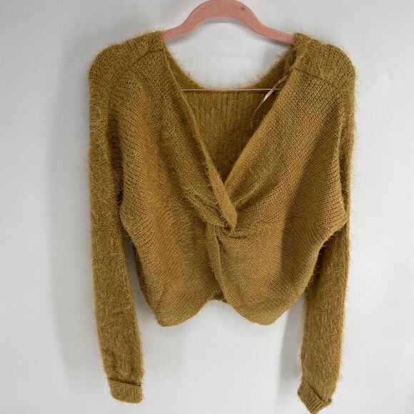 Dee Elly tan camel eyelash scoop neck knot v back sweater womens s NWOT - Picture 4 of 5